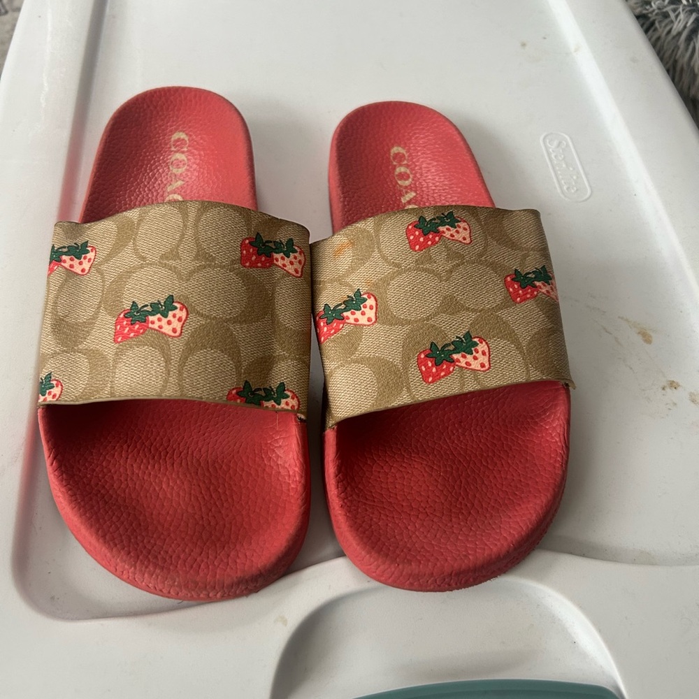 Coach Women’s Red and Tan Strawberry Slide Sandals